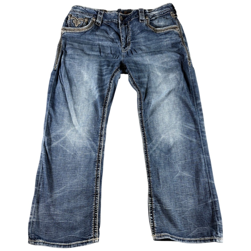 Rock Revival Jeans Mens 38 Blue Tremary Bootcut Distressed Y2K Grunge Workwear
